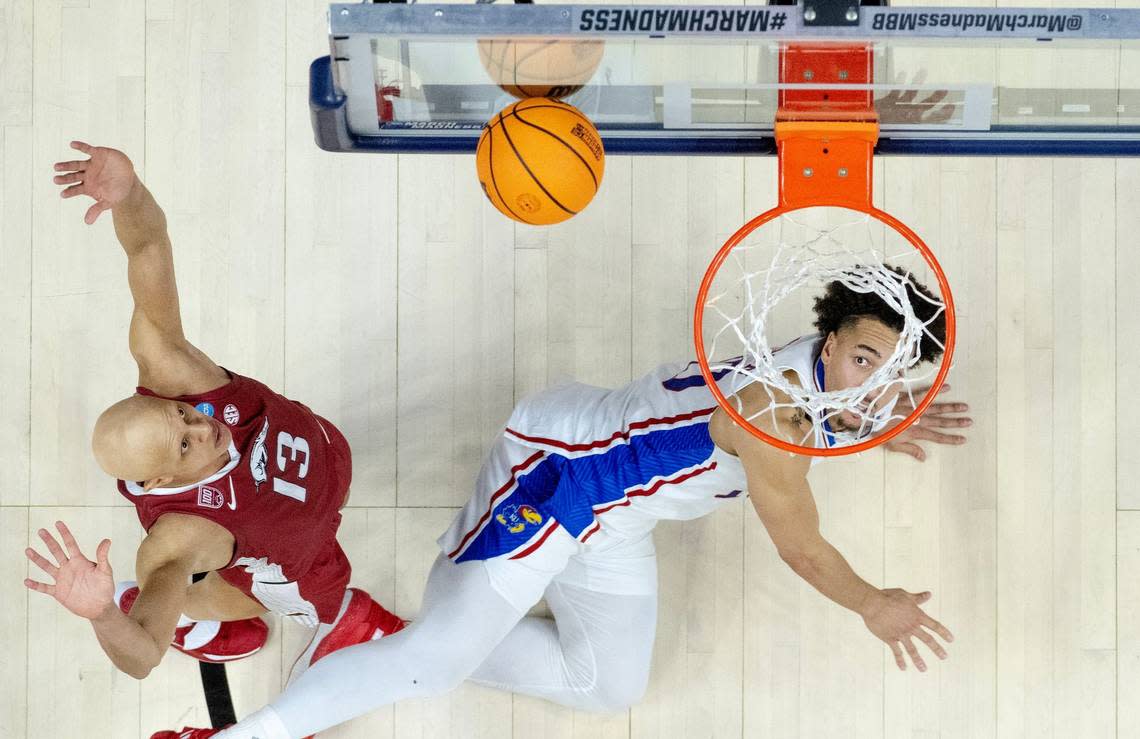 This image by Kansas City Star photojournalist Nick Wagner of Kansas forward Jalen Wilson watching his shot bounce off the glass was named best sports photo in the Kansas Press Association 2024 Awards of Excellence.