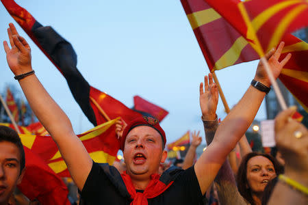 Supporters of opposition party VMRO-DPMNE take part in a protest over compromise solution in Macedonia's dispute with Greece over the country's name in Skopje, Macedonia, June 2, 2018. REUTERS/Ognen Teofilovski