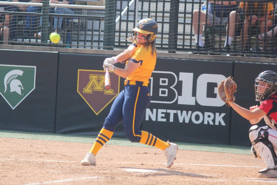 Gaylord’s Alexis Kozlowski connects for a home run in the third inning of the 8-3 win over Vicksburg in the Division 2 state final on Saturday, June 17, 2023, in East Lansing.