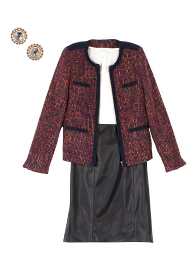 Faux-leather pencil skirt + tweedy, boxy jacket