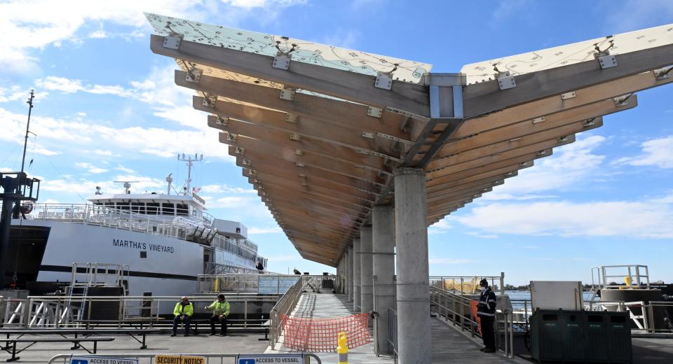 The new walkway cover for the Woods Hole, Martha's Vineyard and Nantucket Steamship Authority terminal slips in Woods Hole have nautical map designs built in.