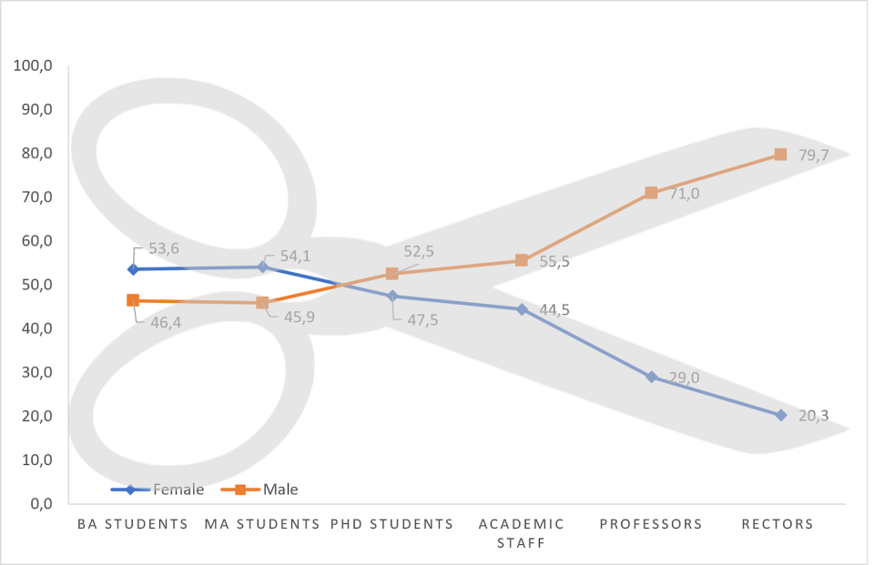 Según datos de 96 países, las mujeres representan la mitad de los estudiantes de licenciatura y máster, pero solo un 29 % de los catedráticos. <a href="https://www.umultirank.org/export/sites/default/.galleries/generic-images/Gender-Monitor-2022/u-multirank-gender-monitor-2022.pdf" rel="nofollow noopener" target="_blank" data-ylk="slk:U-Multirank Gender Monitor 2022;elm:context_link;itc:0;sec:content-canvas" class="link ">U-Multirank Gender Monitor 2022</a>, Author provided