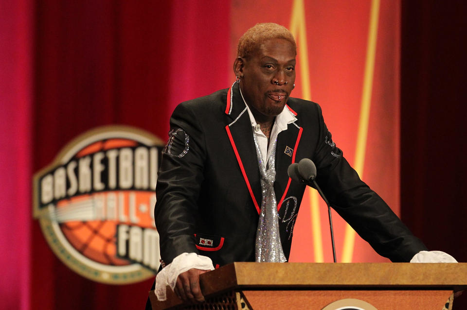 <b>Dennis Rodman</b><br><br>The former NBCA player Dennis Rodman was in court this week and faces up to 20 days in jail for failure to <a href="http://yhoo.it/H4M5A4" rel="nofollow noopener" target="_blank" data-ylk="slk:pay $860,000 in spousal and child support;elm:context_link;itc:0;sec:content-canvas" class="link ">pay $860,000 in spousal and child support</a>. The former Chicago Bulls power forward is just the latest in a long string of pro athletes who have squandered their fortunes. <br><br>Photo: Dennis Rodman speaks at the Basketball Hall of Fame Enshrinement Ceremony on Aug.12, 2011 in Springfield, Massachusetts.