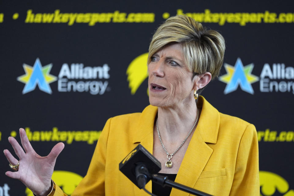 New Iowa women's basketball coach Jan Jensen speaks during a news conference, Wednesday, May 15, 2024, in Iowa City, Iowa. Jensen, who had been associate head coach at the school for 20 years, succeeds Lisa Bluder, who retired after 24 seasons and back-to-back trips to the NCAA championship game. (AP Photo/Charlie Neibergall)