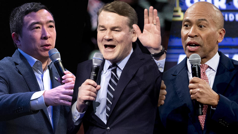 Andrew Yang, Sen. Michael Bennet and former Gov. Deval Patrick. (Mary Altaffer/AP (2), Andrew Harnik/AP)