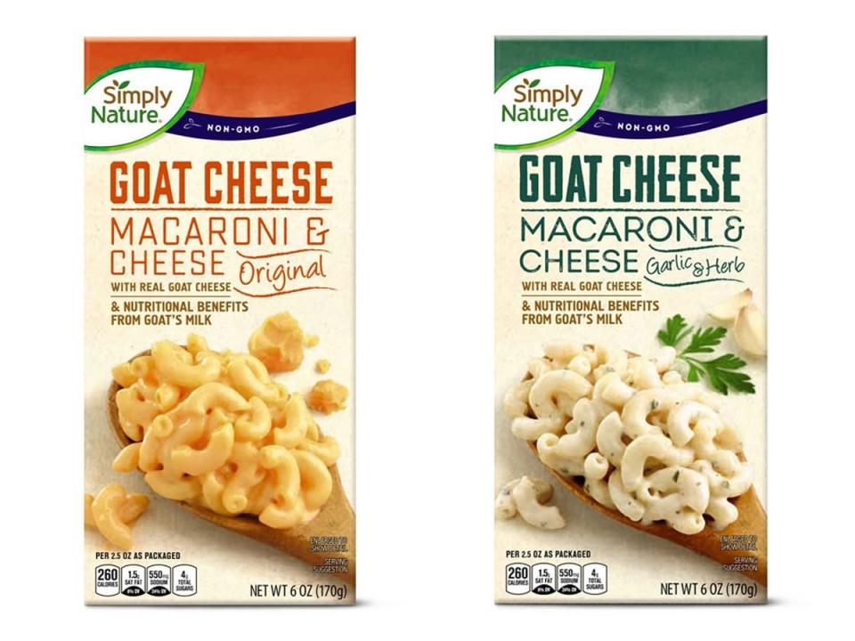 Aldi photos of orange and beige and green and beige boxes of goat-cheese mac and cheese against white background