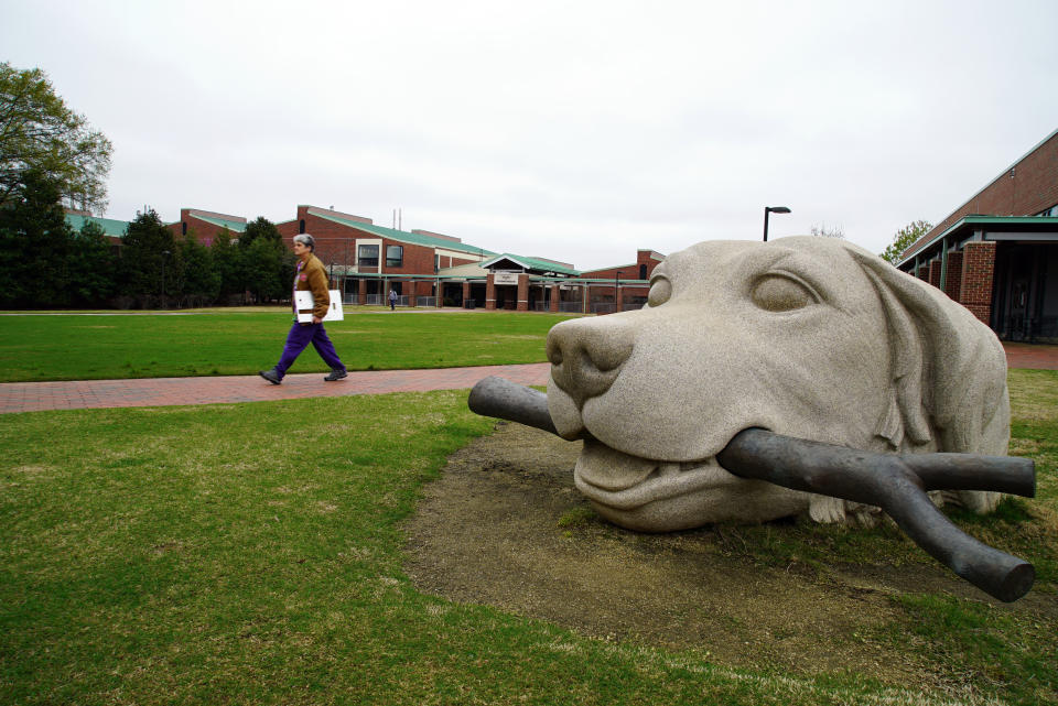 In this March 24, 2020, photo, a woman walks past a dog sculpture on the campus of the North Carolina State University College of Veterinary Medicine in Raleigh, N.C. The school is one of several vet schools around the country that have donated breathing machines, masks and other supplies to their human health-care counterparts in the fight against the COVID-19 pandemic. (AP Photo/Allen G. Breed)