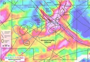 Airborne Geophysics Mobile MT (apparent conductivity) geophysics plan map proximal to the Blue Lake Porphyry