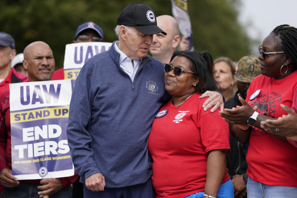 President Joe Biden joins striking United Auto Workers on the picket line, in Van Buren Township, Mich. (AP Photo/Evan Vucci)