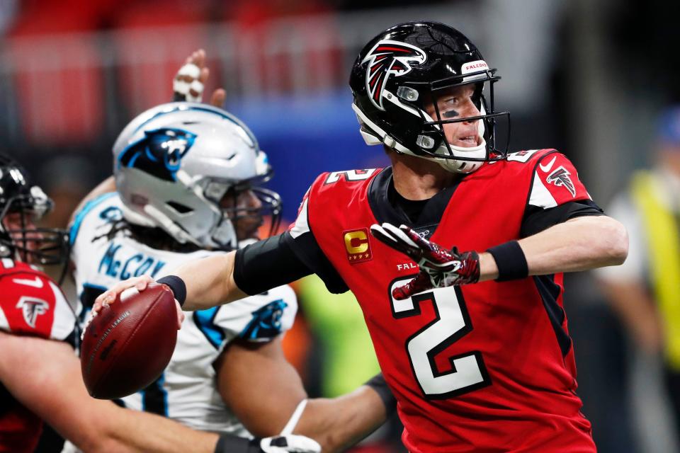 <p>
              Atlanta Falcons quarterback Matt Ryan (2) works in the pocket against the Carolina Panthers during the first half of an NFL football game, Sunday, Dec. 8, 2019, in Atlanta. (AP Photo/John Bazemore)
            </p>