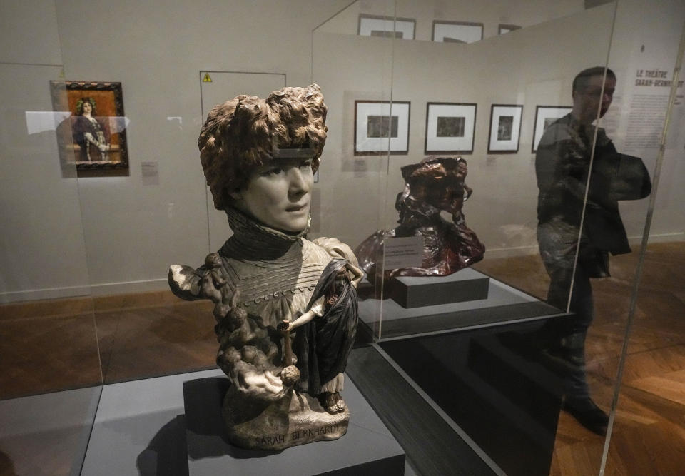 A marble bust of Sarah Bernhardt, by Jean-Leon Gerome, 1895, is photographed during the "Sarah Bernhardt, and the woman created the star" exhibition at the Petit Palais museum in Paris, Friday, April 28, 2023. The pioneering French stage legend Sarah Bernhardt was one of the world’s most famous women by the time of her death in 1923. Inside Paris’ Petit Palais museum, the public is now discovering the madcap jigsaw puzzle of gothic stories, costumes, recordings, films, photos, jewels, sculptures, and personal objects for the first time together that made the unclassical beauty the object of fascination from Berlin, to London and New York. (AP Photo/Michel Euler)