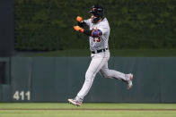 Detroit Tigers' Eric Haase runs the bases on a grand slam off Minnesota Twins pitcher Hansel Robles during the ninth inning of a baseball game Tuesday, July 27, 2021, in Minneapolis. The Tigers won 6-5 in 11 innings. (AP Photo/Jim Mone)