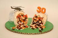 This cake was made for the 30th birthday of a helicopter pilot who loves burritos.