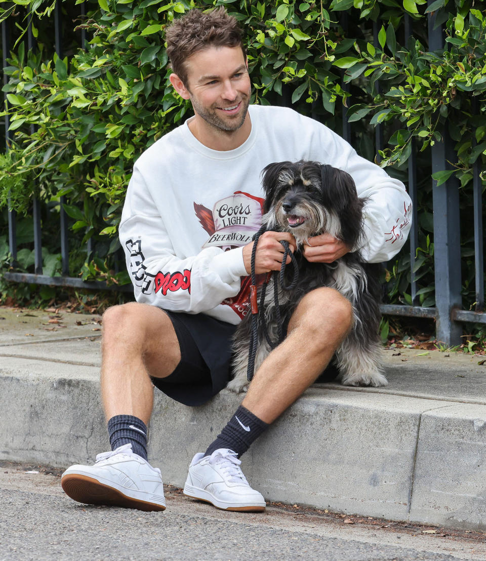 <p>Chace Crawford and his dog Shiner take a break during their morning walk in Southampton, New York on Oct. 12.</p>