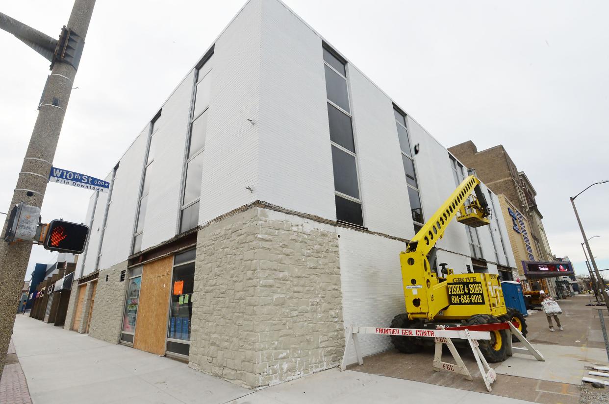 The main entrance to Five Iron Golf, at 1000 State St., will be at lower left where a wood panel is currently placed while the building is under construction. The building in Erie is shown on Feb. 8.