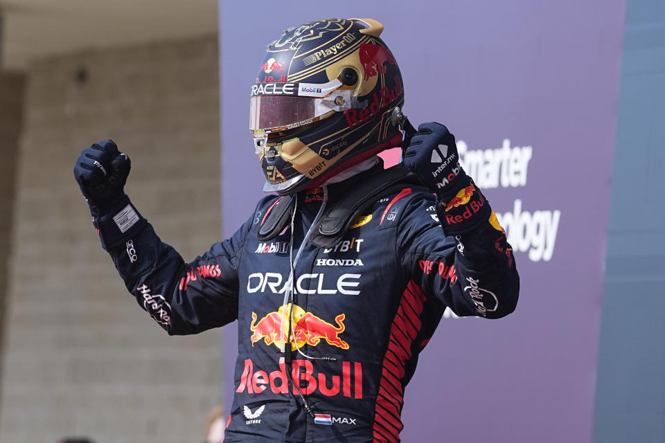 Red Bull driver Max Verstappen, of the Netherlands, celebrates after winning the Formula One U.S. Grand Prix auto race at Circuit of the Americas, Sunday, Oct. 22, 2023, in Austin, Texas. (AP Photo/Darron Cummings)