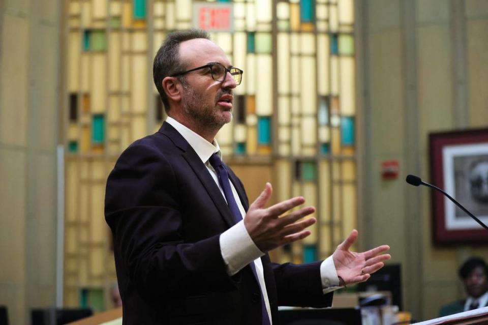 Defense attorney Harris Gilbert addresses the jury during the opening arguments in the trial of Dale Ewers at the Richard E. Gerstein Justice Building in Miami, Florida, Monday, February 26, 2024. Ewers was accused of a 1990 rape and murder in South Beach.