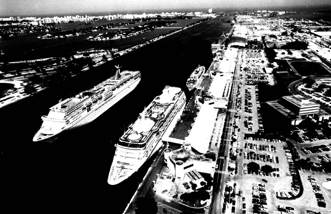 With the 1990 additions of Carnival Cruise Lines’ 2,600-passenger Fantasy, left, and Royal Caribbean Cruise Line’s 1,610-passenger Nordic Empress, center foreground, the Port of Miami enhances its position as the “Cruise Capital of the World.” More than 3 million cruise passengers transited the Port of Miami during the fiscal year ended Sept. 30, 1989, the most cruise traffic ever for a single port in one year.
