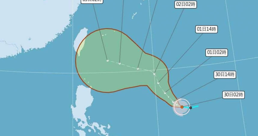 菲律賓東方海面的熱帶性低氣壓已於今天（30日）清晨2時增強為今年第14號輕度颱風「小犬」。（圖／氣象署）