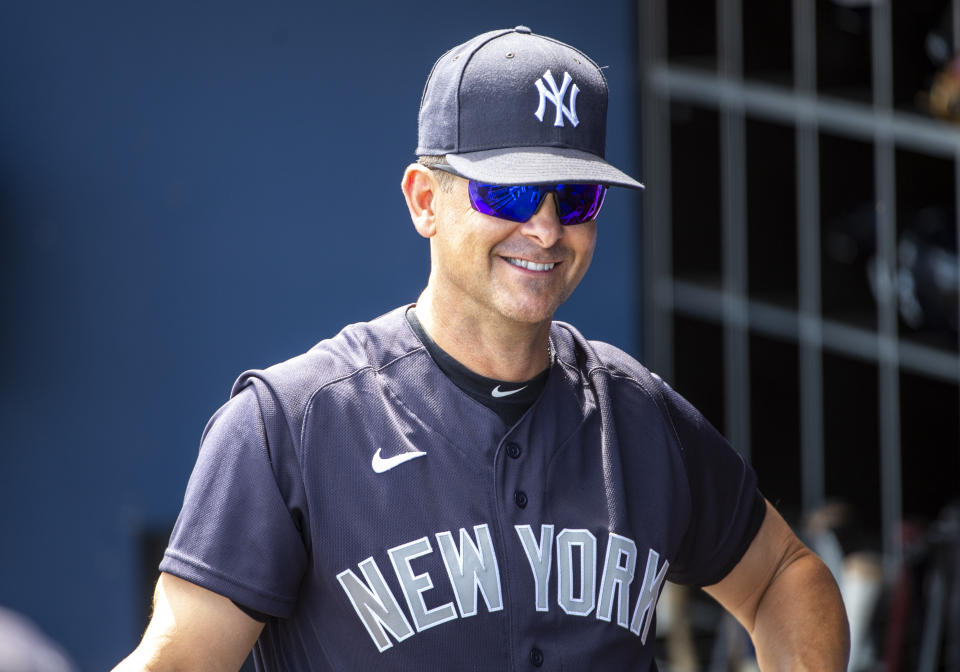 WEST PALM BEACH, FL - MARCH 12: New York Yankees Manager Aaron Boone (17) in the dugout during an MLB spring training game between the New York Yankees and the Washington Nationals at The FITTEAM Ballpark of the Palm Beaches in West Palm Beach, Florida on March 12, 2020.  Following this game, Major League Baseball suspended spring training games in response to the Coronavirus pandemic. (Photo by Doug Murray/Icon Sportswire via Getty Images)