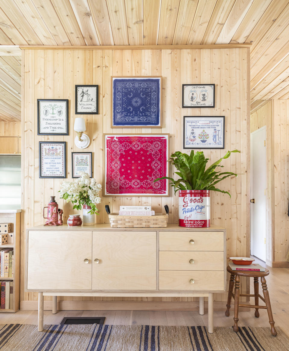 This image released by Portland Oregon-based interior designer Max Humphrey shows framed bandanas that serve as decorative wall art. (Christopher Dibble via AP)