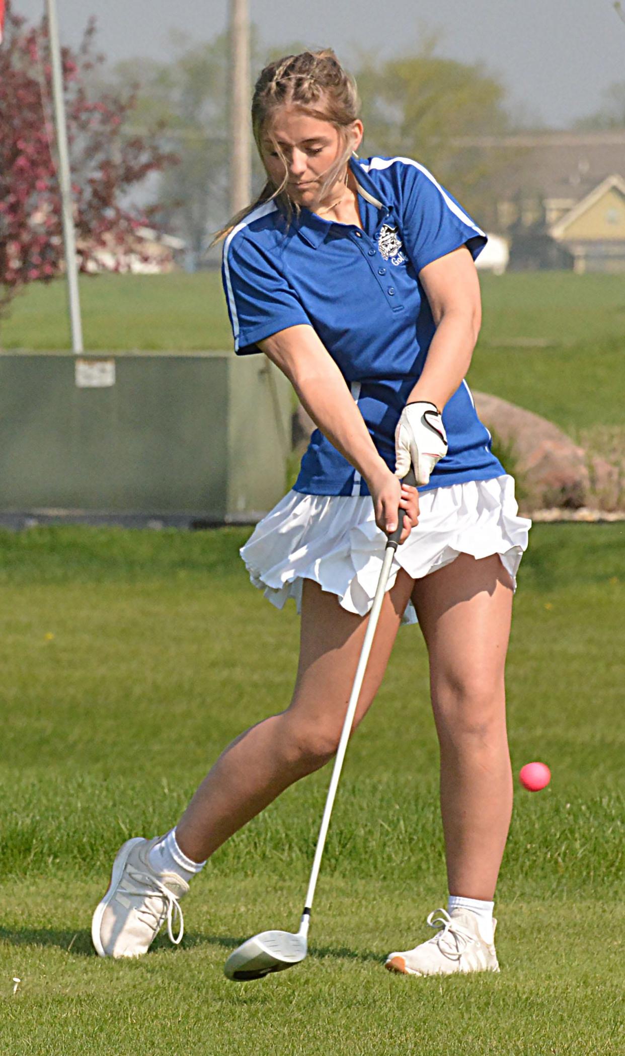Ashtyn Hatlewick of Leola hits a tee shot on No. 3 Red during the Pre-Region 1B/Eastern Coteau Conference golf tournament on Monday, May 13, 2024 at Cattail Crossing Golf Course.