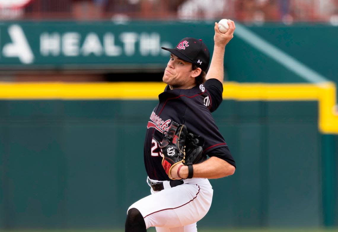 South Carolina pitcher Jack Mahoney (23) pitches during South Carolina’s game against UMass Lowell in Columbia on Sunday, Feb. 19, 2023.