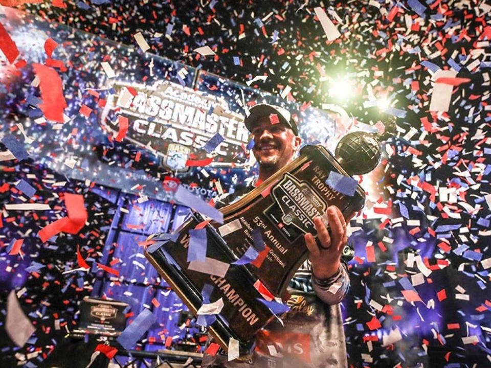 Jeff Gustafson won the Bassmaster Classic fishing derby in Knoxville, Tenn. The competition is considered the Super Bowl of fishing and Gustafson, from Kenora, Ont., is aiming for a second straight win, in Oklahoma this weekend.  (Bassmaster Classic / Facebook - image credit)