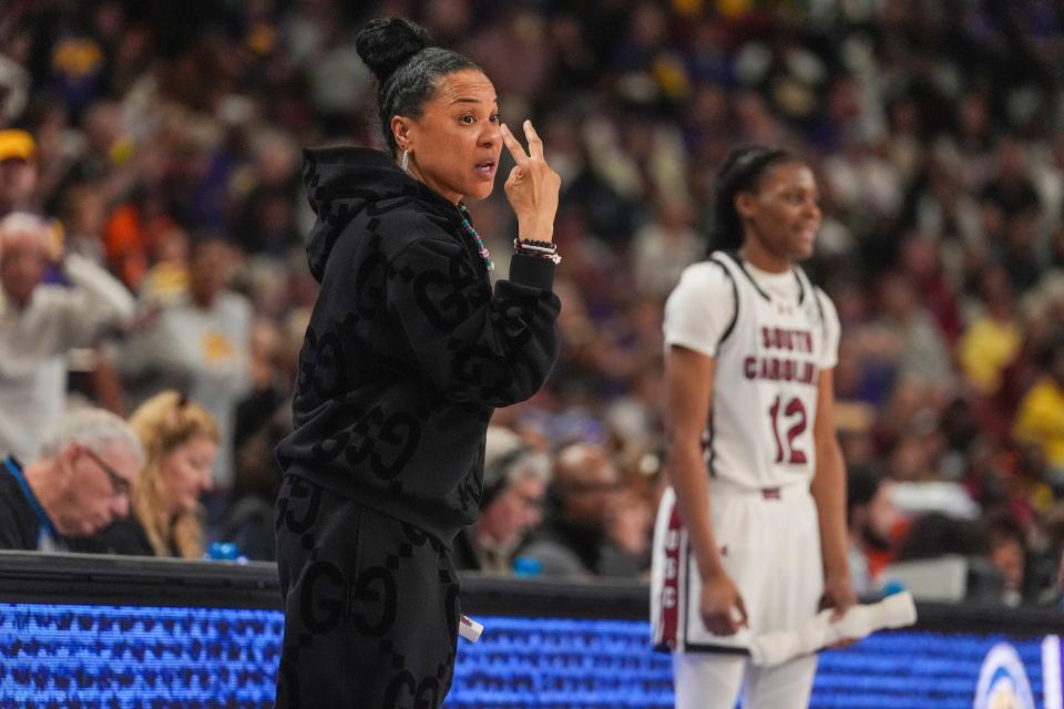 South Carolina coach Dawn Staley during a game against LSU at Bon Secours Wellness Arena on March 10, 2024.