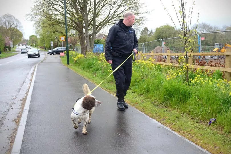 A police officer with his sniffer dog search fields off Peaks Lane, New Waltham, after a human foot and limb were found on the cycle path and footpath between Station Road and Peaks Parkway