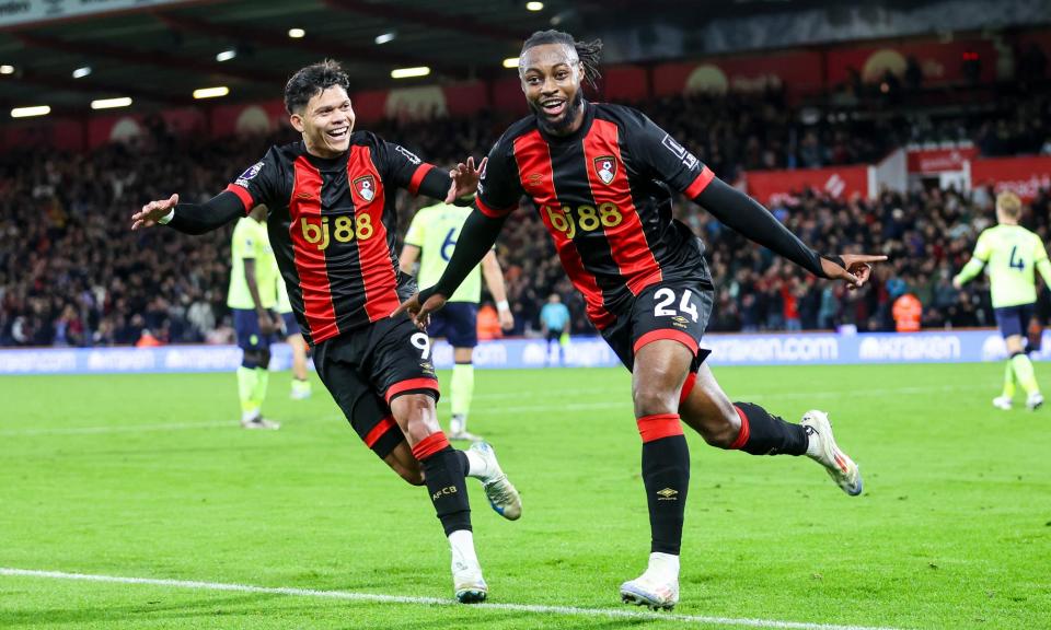 <span>Antoine Semenyo (right) wheels away in celebration after scoring Bournemouth’s third goal.</span><span>Photograph: Robin Jones/AFC Bournemouth/Getty Images</span>