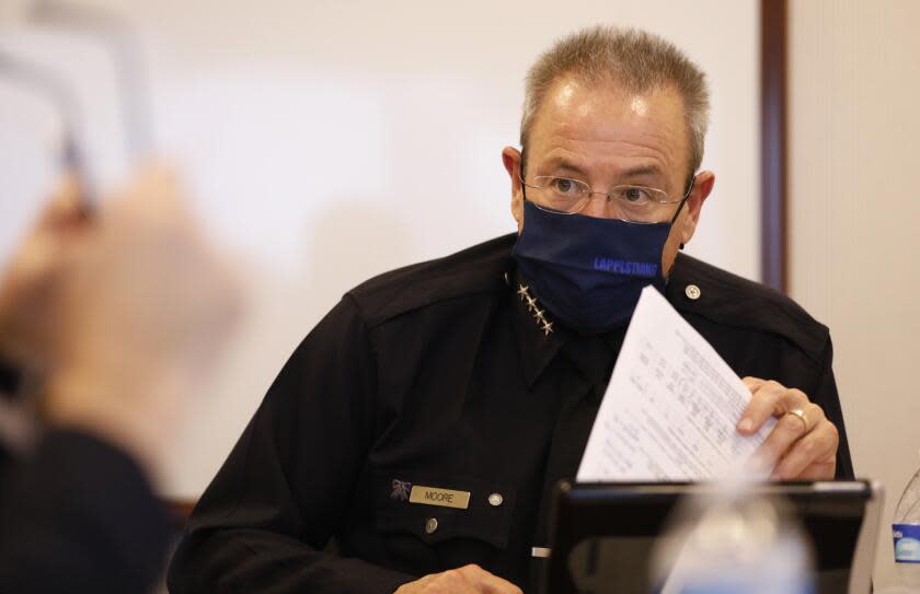 LOS ANGELES, CA - OCTOBER 25: LAPD Chief Michel Moore conducts the Chief's crime briefing with LAPD officials at the LAPD Headquarters on Monday October 25, 2021. Senior LAPD officials inform the Chief about what's happening with crime in the city. LAPD Headquarters on Monday, Oct. 25, 2021 in Los Angeles, CA. (Al Seib / Los Angeles Times).