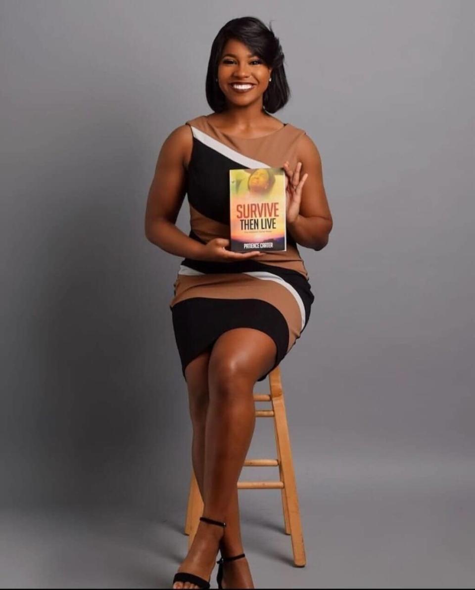 Patience Murray on set with her book “Survive Then Live” (Courtesy of Patience Murray)