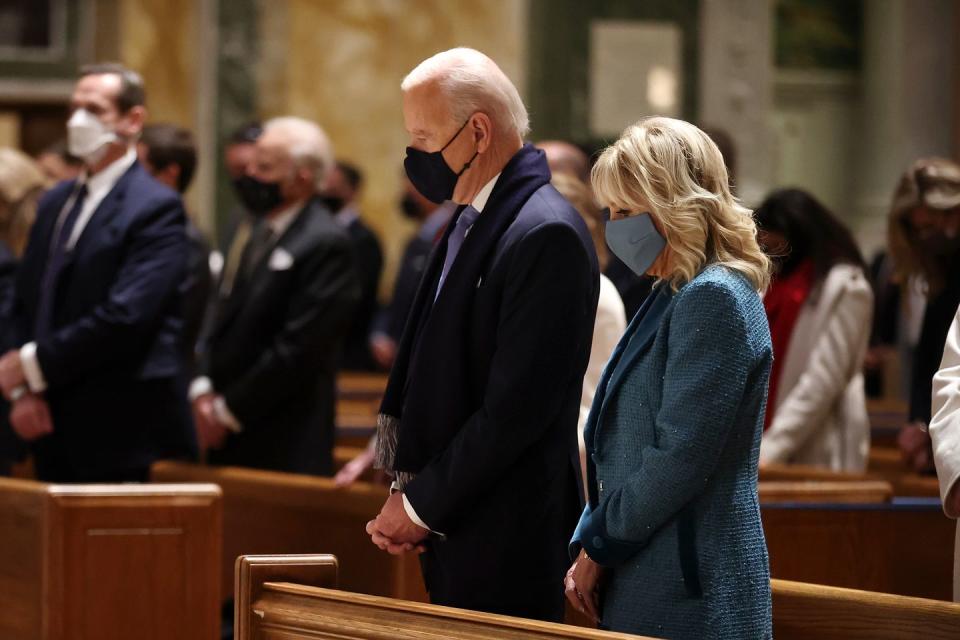 <p>The Bidens attend services at the Cathedral of St. Matthew the Apostle with Congressional leaders ahead of the inauguration ceremony. </p>