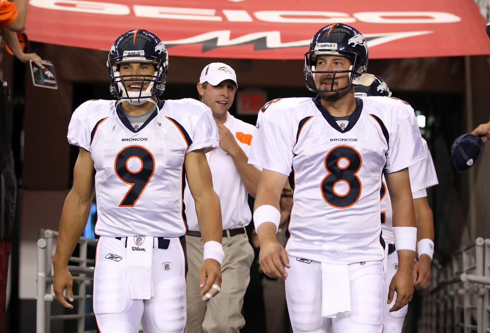 Backup quarterback Brady Quinn (9) may be next in line to start if Tim Tebow's struggles continue. He would be the Broncos' third starter this season after Kyle Orton (8), who was benched for Tebow. (Photo by Christian Petersen/Getty Images)