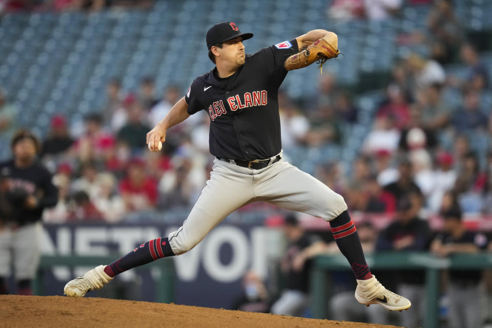 Cleveland Guardians starting pitcher Cal Quantrill (47) throws during the first inning of a baseball game against the Los Angeles Angels in Anaheim, Calif., Thursday, Sept. 7, 2023. (AP Photo/Ashley Landis)