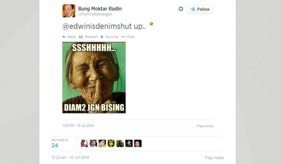 Screenshot of Datuk Bung Mokhtar's tweet in response to the rebuke from netizens. – July 10, 2014.
