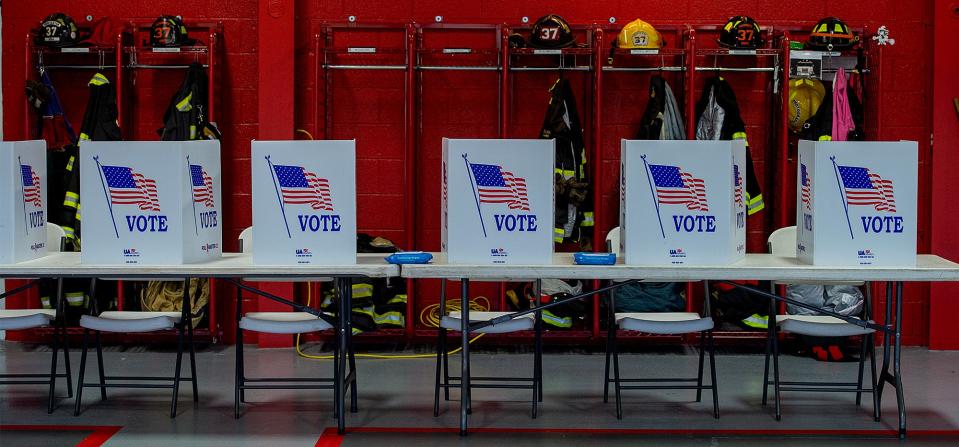 Inside the Union Fire Co. in Bensalem, tables are all set for residents to cast their votes during the primary election in Bucks County, on Tuesday, May 16, 2023.
