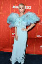 <p>The made an entrance in an icy blue dress, with an extravagant neckline made up of tulle and feathers, in a dress by French fashion house Alexis Mabille. <em>[Photo: Getty]</em> </p>