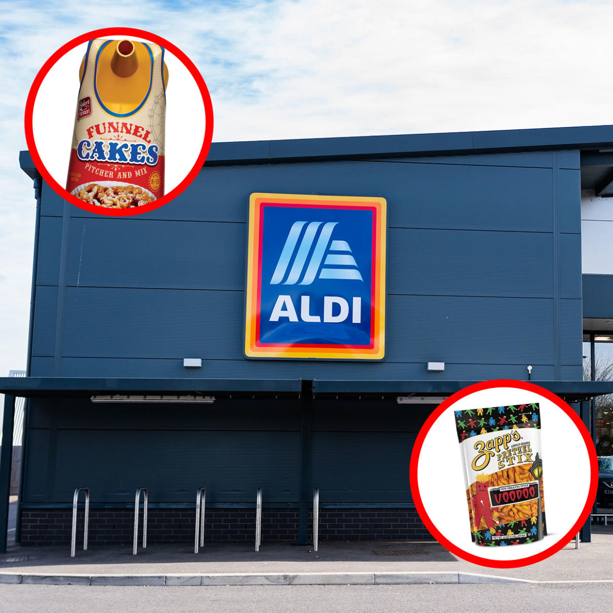 aldi storefront with funnel cakes and zapps voodoo pretzels