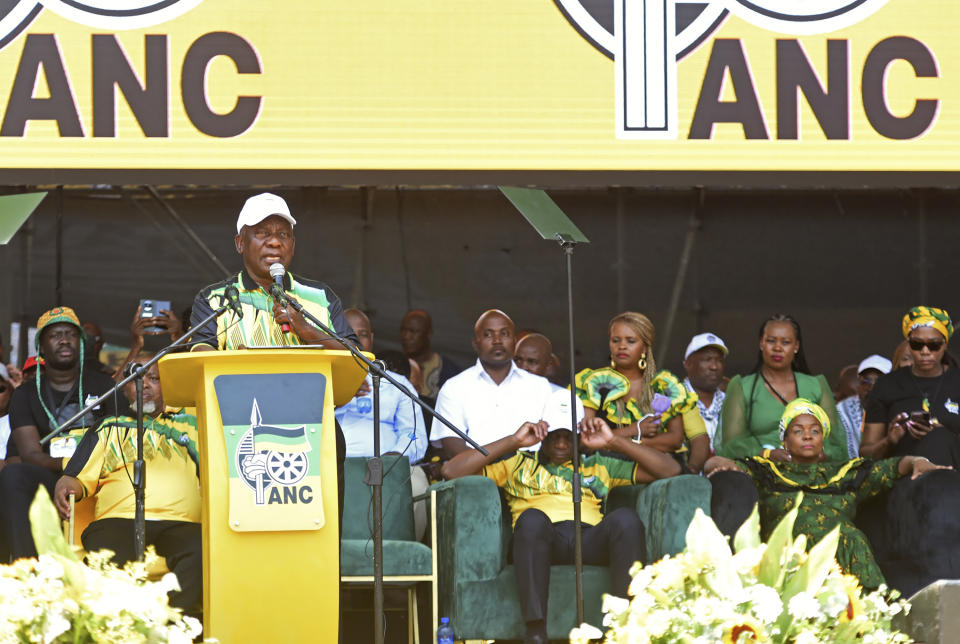 African National Congress president Cyril Ramaphosa, addresses supporters at the Mbombela, South Africa, Stadium Saturday, Jan. 13, 2024. The ruling party celebrated the 112th anniversary of its establishment ahead of national elections, expected to be the toughest since it came to power in 1994. (AP Photo)