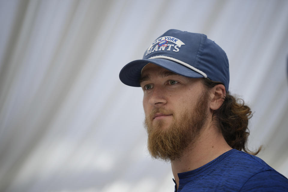 New York Giants punter Jamie Gillan (6) speaks during a news conference at Hanbury Manor in Ware, England, Friday, Oct. 7, 2022 ahead the NFL game against Green Bay Packers at the Tottenham Hotspur stadium on Sunday. (AP Photo/Kin Cheung)