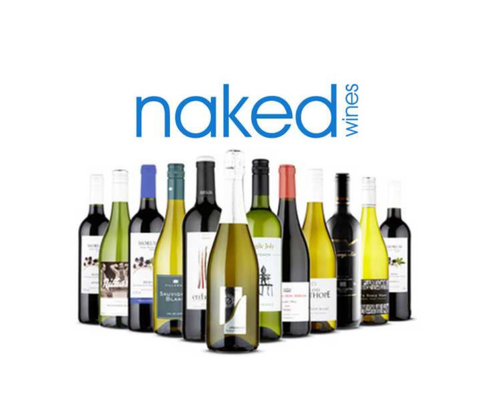 12 bottles of white wine lined up in a row behind a white background with the blue Naked Wines logo above,