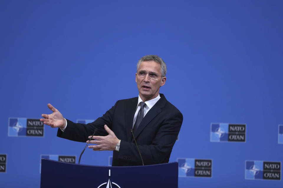 NATO Secretary General Jens Stoltenberg speaks during a media conference at NATO headquarters in Brussels, Monday, Dec. 3, 2018. NATO foreign ministers meet for a two-day session beginning on Tuesday, to discuss among other issues, tensions between Russia and Ukraine and Moscow's missile development. (AP Photo/Francisco Seco)