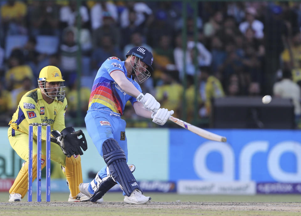 David Warner of Delhi Capitals bats during the Indian Premier League cricket match between Delhi Capitals and Chennai Super Kings in New Delhi, India, Saturday, May 20, 2023. (AP Photo/Surjeet Yadav)