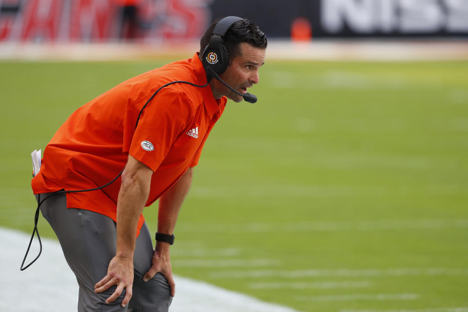 Miami head coach Manny Diaz watches a play from the sideline during the first half of an NCAA college football game against Bethune-Cookman, Saturday, Sept. 14, 2019, in Miami Gardens, Fla. (AP Photo/Wilfredo Lee)