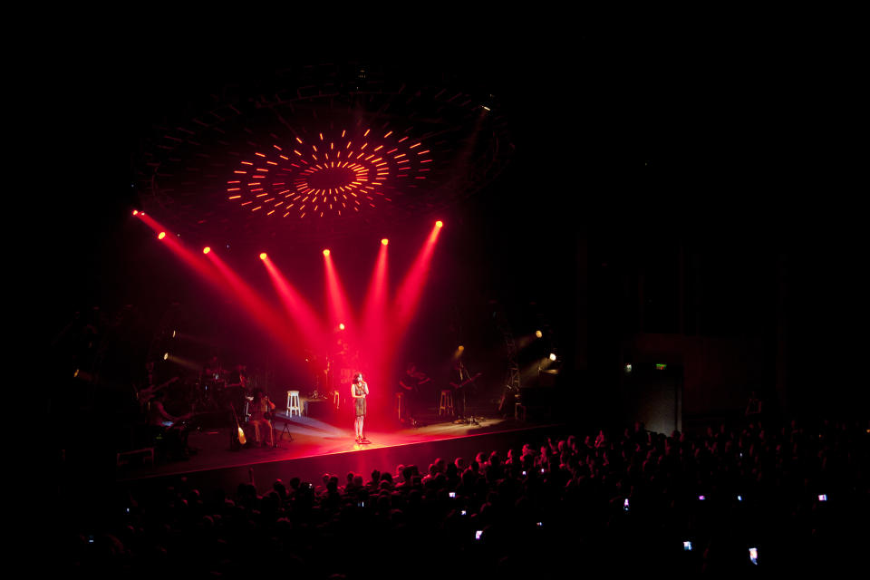 In this Saturday, June 16, 2012 photo, Rita, an Israeli singer of Iranian descent, performs in the city of Ashdod, Israel. Rita recently released an album entirely in the language of Israel's arch-enemy Iran, raising more than a few eyebrows in the country.(AP Photo/Ariel Schalit)