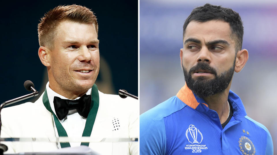 David Warner (pictured left) speaking during the Allan Border Medal and Virat Kohli (pictured right) looking frustrated after getting out.
