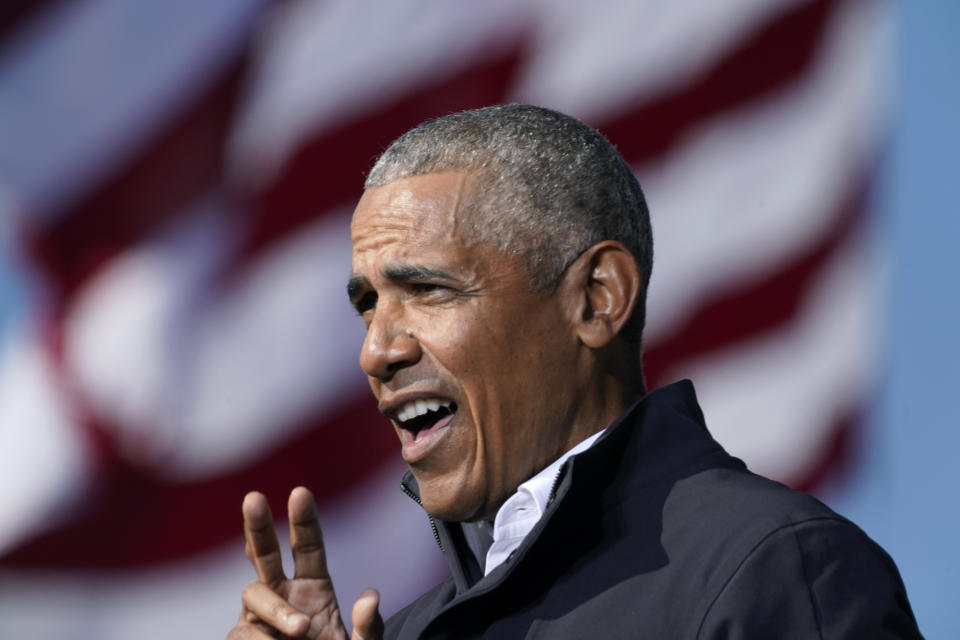 Former President Barack Obama speaks at a rally as he campaigns for Democratic presidential candidate former Vice President Joe Biden, Monday, Nov. 2, 2020, at Turner Field in Atlanta. (AP Photo/Brynn Anderson)