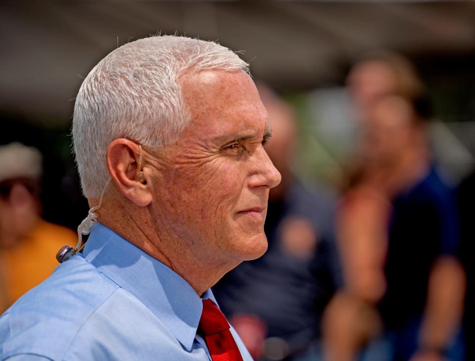 Presidential candidate Mike Pence, former vice president and former Indiana governor, gets ready for a Fox News interview Wednesday, Aug. 2, 2023 while visiting the Indiana State Fair. He visited the fair and spoke about the economy and his run for the presidency.